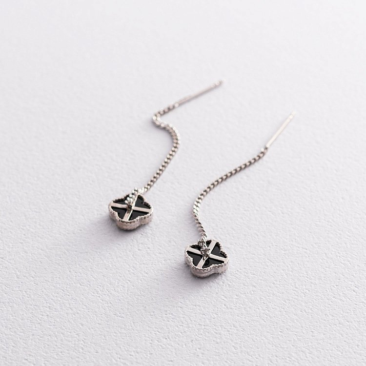 Серьги протяжки "Клевер" в серебре (оникс) 123036 от ювелирного магазина Оникс - 2