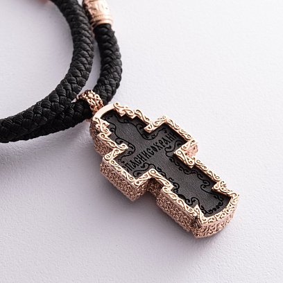 Мужской православный крест "Распятие. Спаси и Сохрани" из эбенового дерева и золота на шнуре кол02135 №3