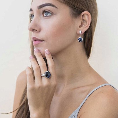 Золота каблучка "Квітка" з синім сапфіром к1005 №7