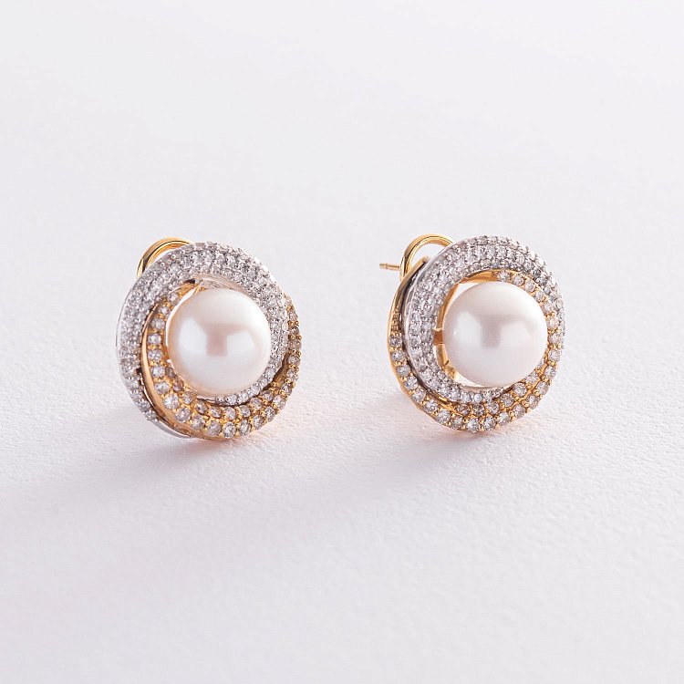 Золоті сережки "Кругообіг" з діамантами і перлами c1531 від ювелірного магазину Онікс