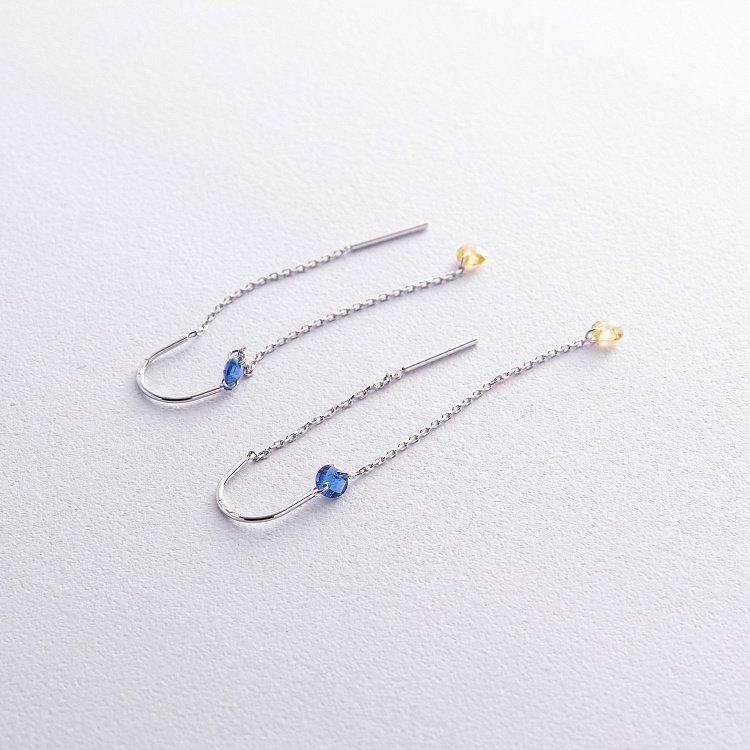 Золоті сережки - протяжки "Українка" (блакитні та жовті фіаніти) с08390 від ювелірного магазину Онікс - 3