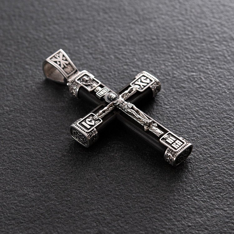 Срібний хрест "Розп'яття. Спаси та Збережи" з ебеновим деревом 981 від ювелірного магазину Онікс - 6