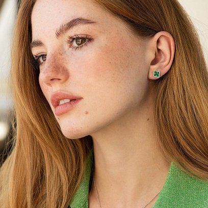 Золоті сережки - пусети "Конюшина" зі смарагдами і діамантами сб0520cha №2