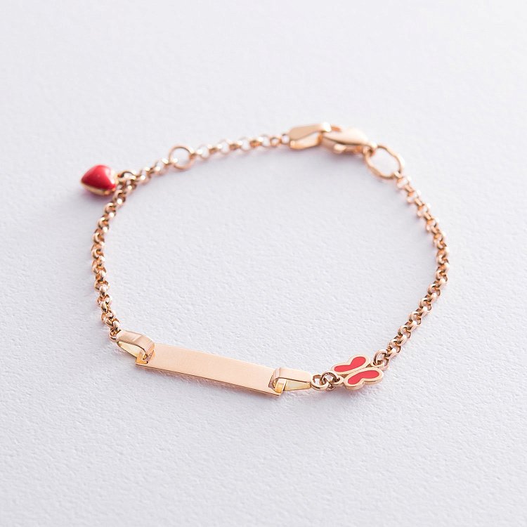 Золотой детский браслет "Бабочка и сердце" для гравировки б04185 от ювелирного магазина Оникс