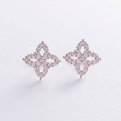 Серьги - пусеты "Клевер" с фианитами (красное золото) с08620