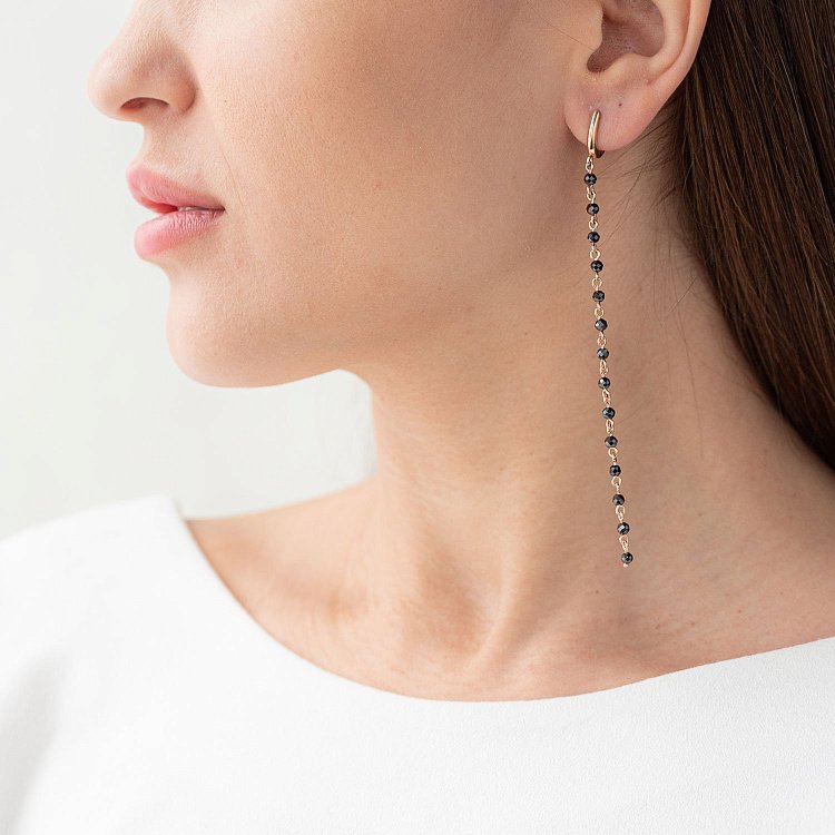 Висячі золоті сережки (чорні фіаніти) с06882 від ювелірного магазину Онікс - 1