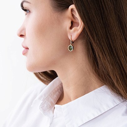 Золоті сережки з зеленими і білими фіанітами с07455 №3