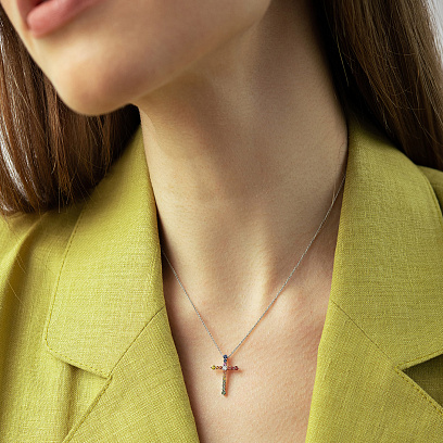 Золоте кольє "Хрестик" з діамантом і сапфірами колб0199lg №4