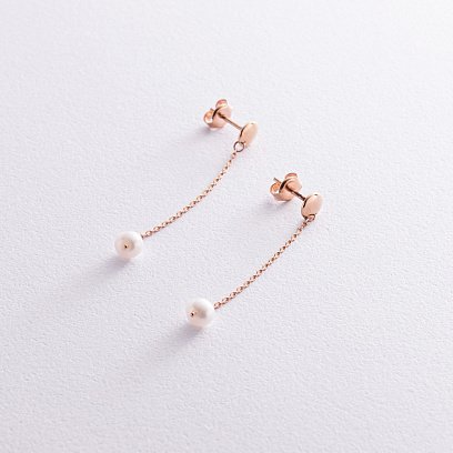 Сережки - пусети "Перлина на ланцюжку" у червоному золоті с08292 №3