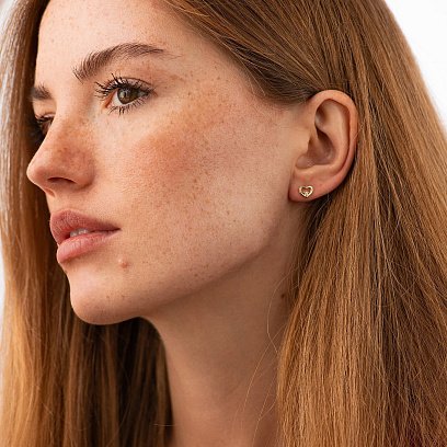 Серьги - пусеты "Сердечки" в желтом золоте (фианиты) с08614 №2