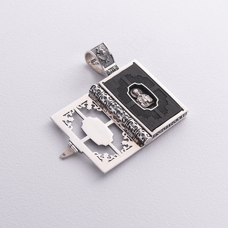 Серебряный православный кулон - книга "Николай Чудотворец. Спаси и Сохрани" с эбеновым деревом 1348 от ювелирного магазина Оникс - 9