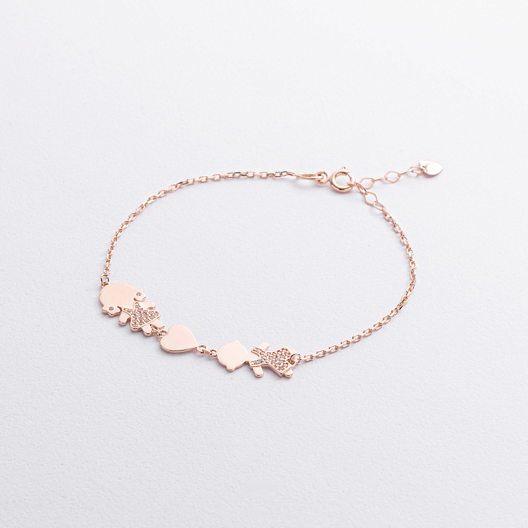 Браслет "Девочка, мальчик и сердечко" в красном золоте (фианиты) б05664 от ювелирного магазина Оникс