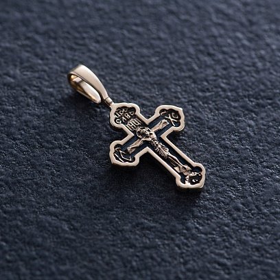 Золотой крестик "Распятие. Спаси и сохрани" с чернением п03877