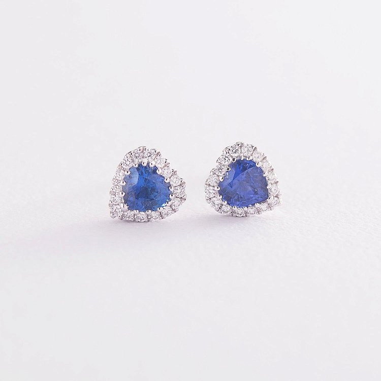 Золоті сережки-пусети "Сердечка" (сапфір, діамант) сб0262lg від ювелірного магазину Онікс - 2