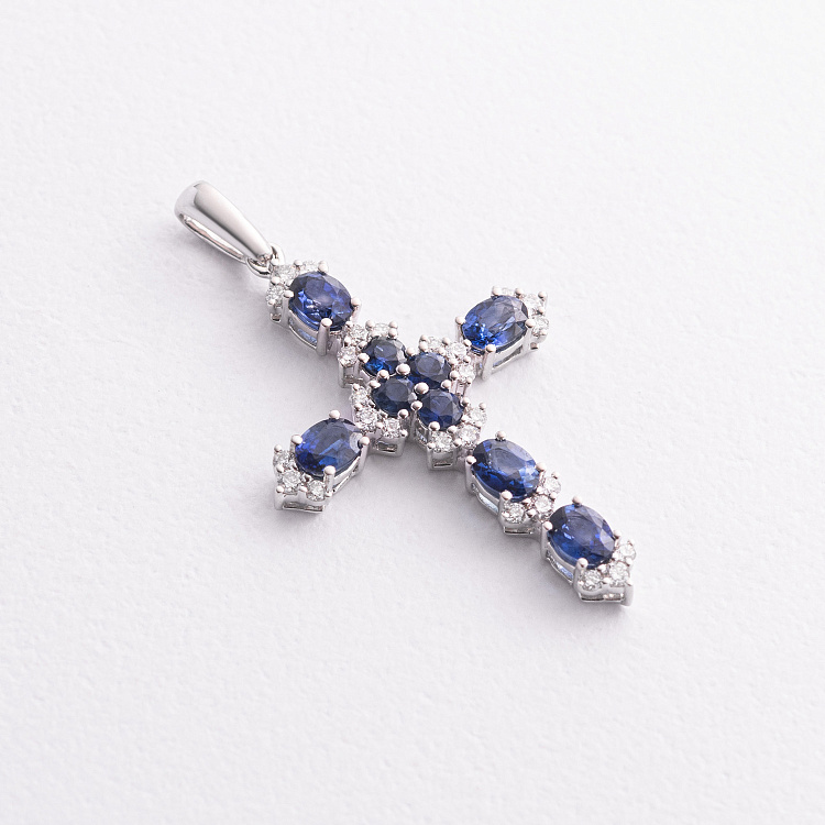 Золотий хрестик з діамантами і сапфірами пб0373gm від ювелірного магазину Онікс