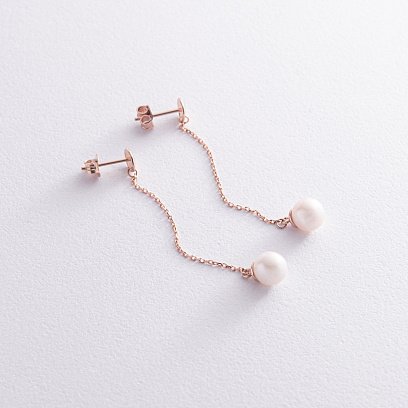 Сережки - пусети "Перлина на ланцюжку" у червоному золоті с08315 №2