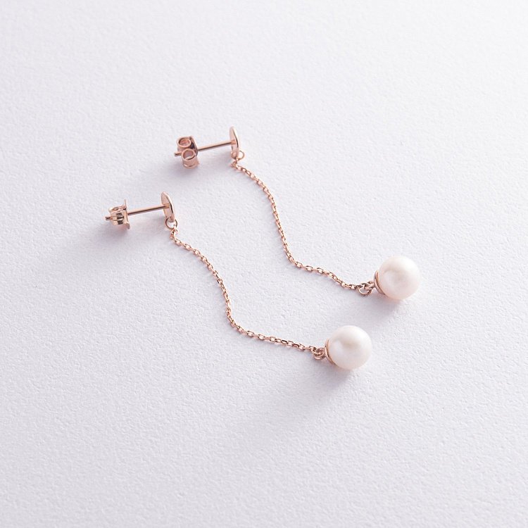 Сережки - пусети "Перлина на ланцюжку" у червоному золоті с08315 від ювелірного магазину Онікс - 1