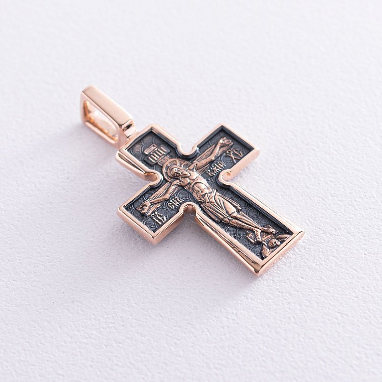 Православный крест "Распятие. Божия Матерь "Воплощение". Пять святителей" (чернение) п01749 от ювелирного магазина Оникс