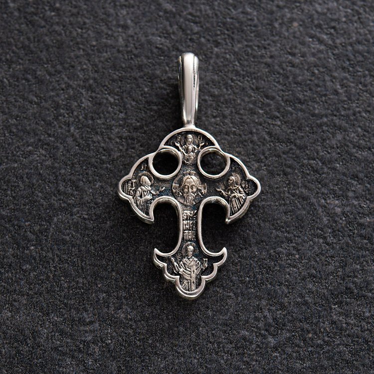 Серебряный крест "Спас Нерукотворный. Прп. Петр и Феврония Муромские. Свт. Николай Мирликийский" 131382 от ювелирного магазина Оникс