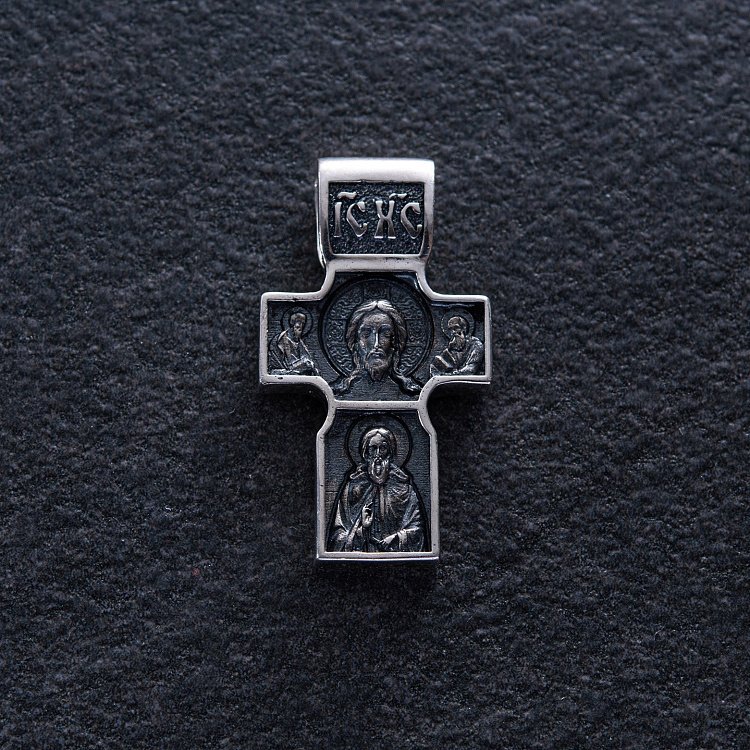 Серебряный православный крест "Спас Нерукотворный. Святитель Николай Чудотворец. Георгий Победоносец" 133229 от ювелирного магазина Оникс - 2