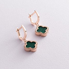 Серьги "Клевер" в красном золоте (малахит) с07670