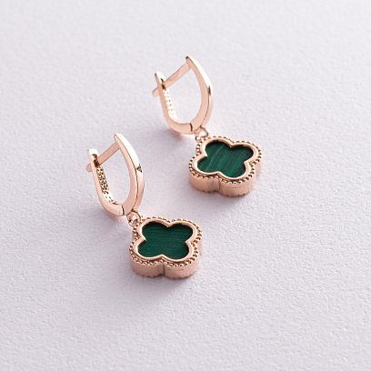 Серьги "Клевер" в красном золоте (малахит) с07670