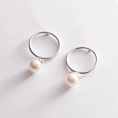 Серебряные серьги - пусеты "Круговорот" с жемчугом 123174 №7