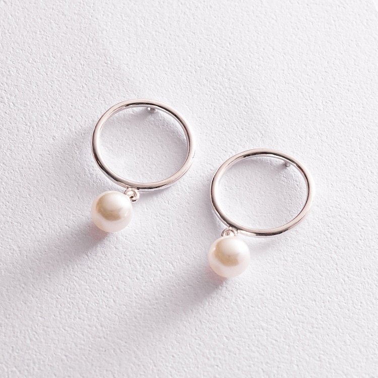 Серебряные серьги - пусеты "Круговорот" с жемчугом 123174 от ювелирного магазина Оникс - 7