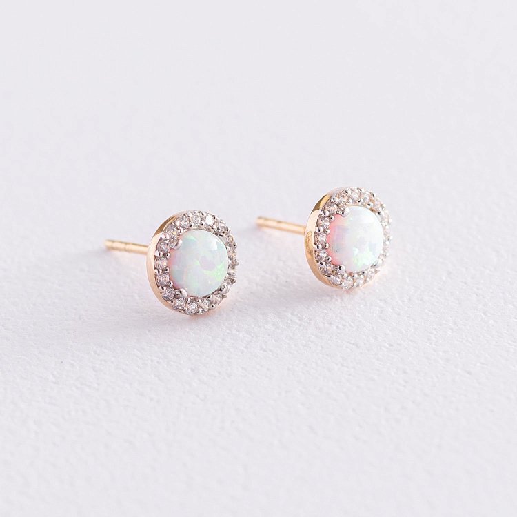 Золотые серьги-пусеты "Сияние" (синт. опал, фианиты) 8 мм с07439 от ювелирного магазина Оникс - 2