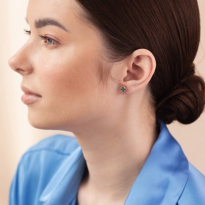 Сережки - пусети "Конюшина" з малахітом mini (червоне золото) с08404 №8