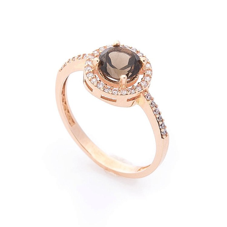 Золотое кольцо с дымчатым кварцем и фианитами к04627 от ювелирного магазина Оникс