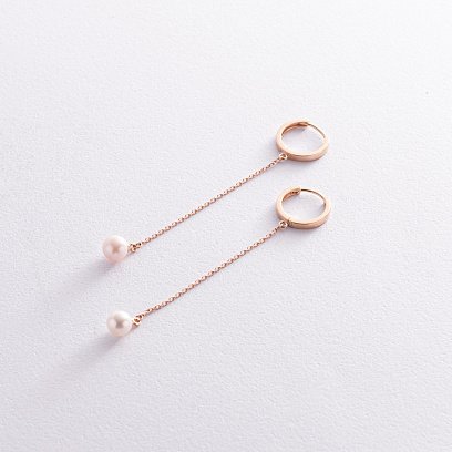 Сережки - кільця "Перлина на ланцюжку" у червоному золоті с08355 №7