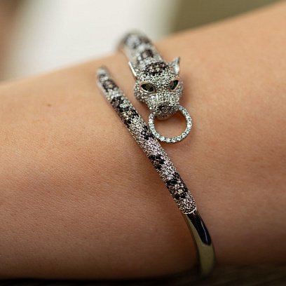 Жесткий серебряный браслет "Пантера" с фианитами 386б №8