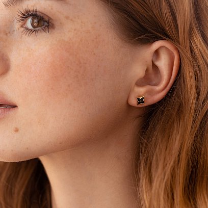 Асимметричные золотые серьги - пусеты "Клевер" (эмаль) 311383100 №3