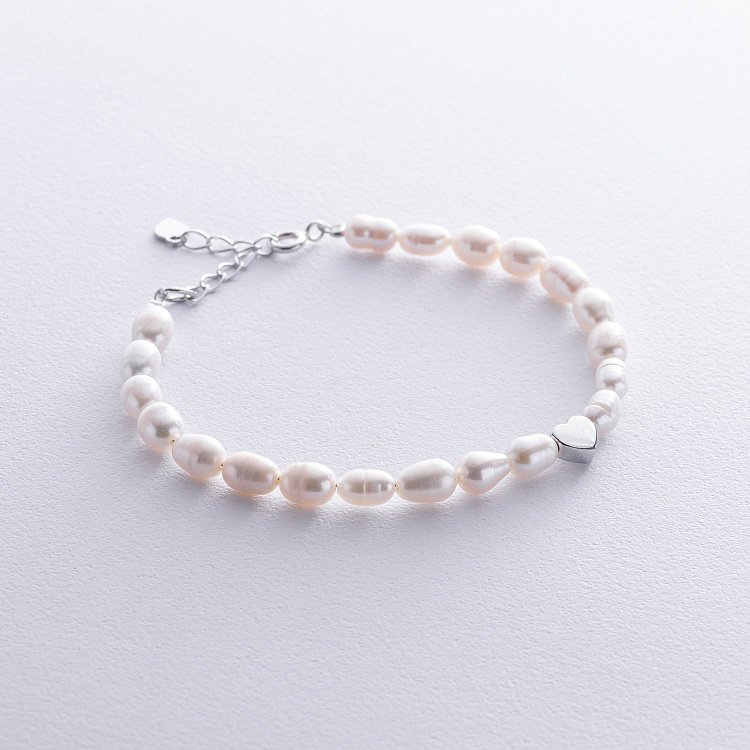 Срібний браслет "Сердечко" з перлами 905-01440 від ювелірного магазину Онікс