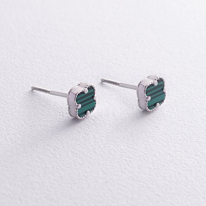 Серебряные серьги - пусеты "Клевер" с малахитом mini 123293