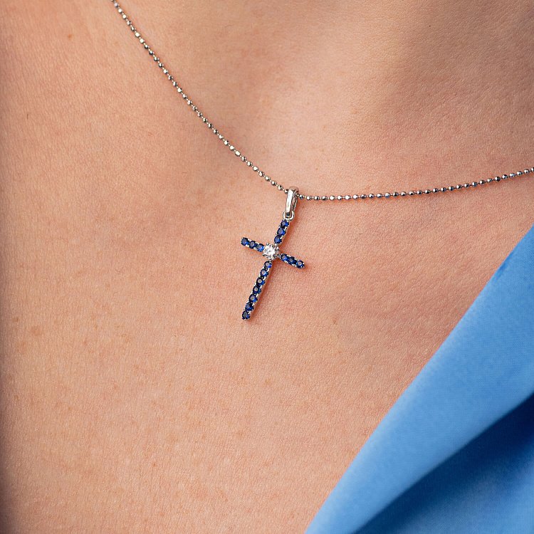 Золотий хрестик з сапфірами і діамантами пб0123gm від ювелірного магазину Онікс - 4