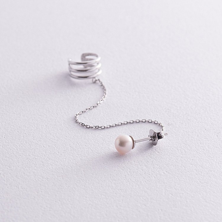 Серьга - каффа "Тринити" с жемчужиной (белое золото) с08251 от ювелирного магазина Оникс - 7