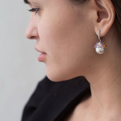 Золотые серьги с жемчугом, бриллиантами и сапфирами сб0059fn №2