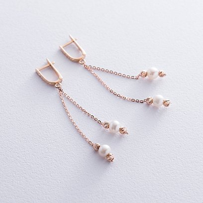 Золотые серьги Жемчуг на цепочке с05677