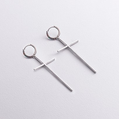 Серебряные серьги "Крестики" с разнозветными фианитами 123484 №5