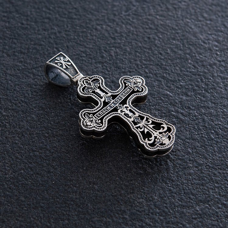 Срібний хрест "Розп'яття. Спаси та Збережи" з ебеновим деревом mini 1071 від ювелірного магазину Онікс - 4