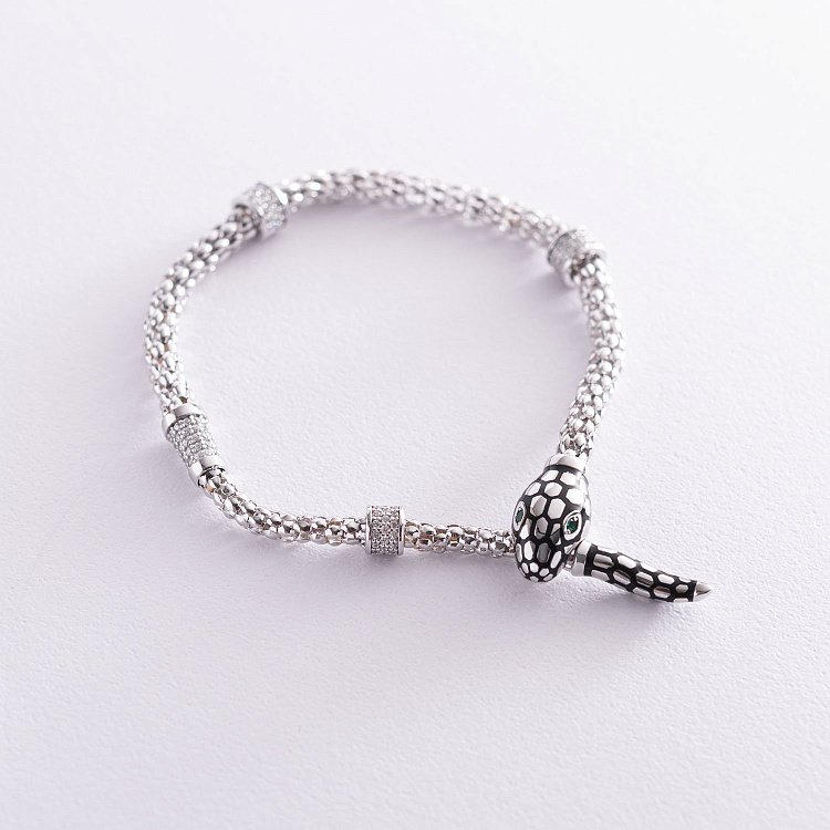 Браслет "Змія" в білому золоті (фіаніт, емаль) б04512 від ювелірного магазину Онікс