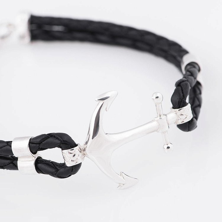 Шкіряний браслет в сріблі "Якір" 141146 від ювелірного магазину Онікс - 1