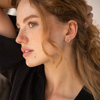 Золотые серьги - пусеты "Сердечки" с фианитами с08438 №5