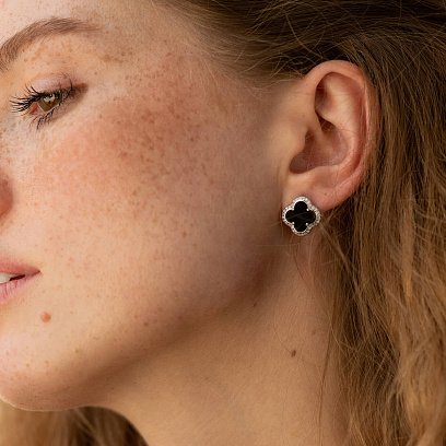 Срібні сережки - пусети "Конюшина" (онікс, фіаніти) 158/1о №2