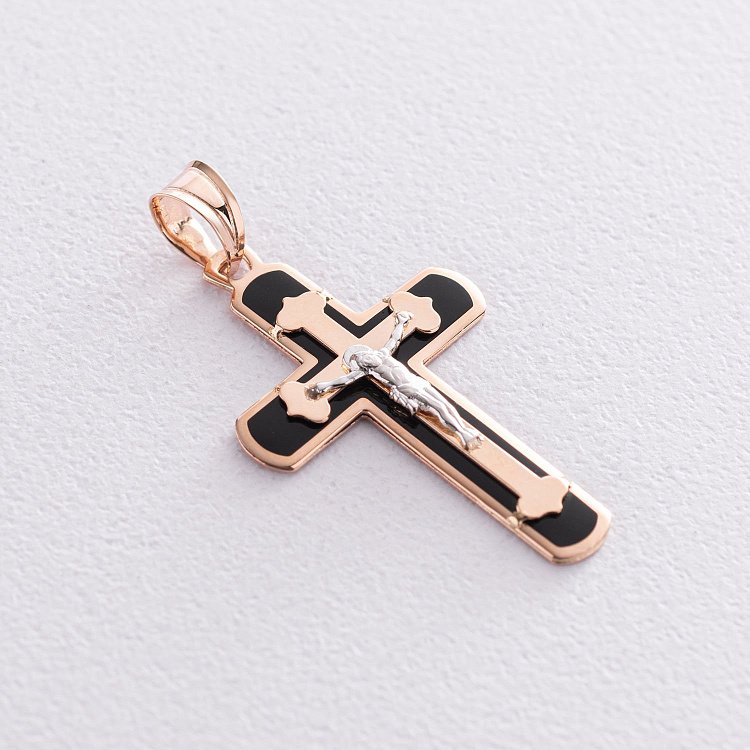 Золотой православный крест "Распятие. Спаси и Сохрани" (эмаль) 210100E от ювелирного магазина Оникс