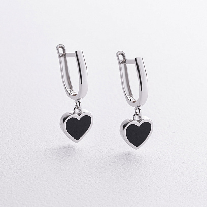 Сережки "Сердечки" у білому золоті (емаль) с09642