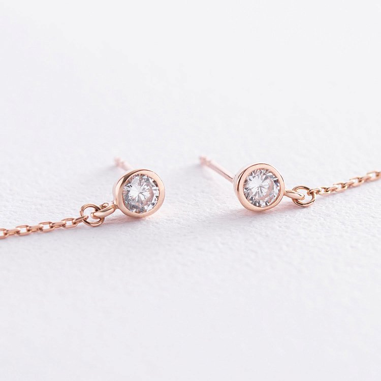 Золотые серьги - пусеты на цепочке (фианиты) с07249 от ювелирного магазина Оникс - 2