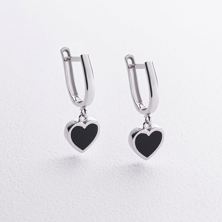 Сережки "Сердечки" у білому золоті (емаль) с09642 від ювелірного магазину Онікс